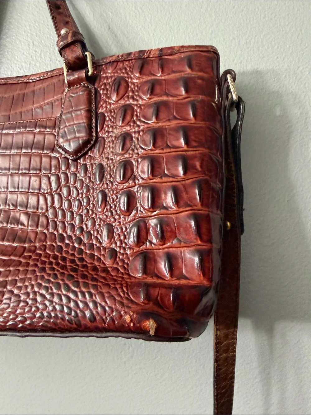 Brahmin Mini Asher Satchel in Pecan Melbourne leather, featuring a textured croc